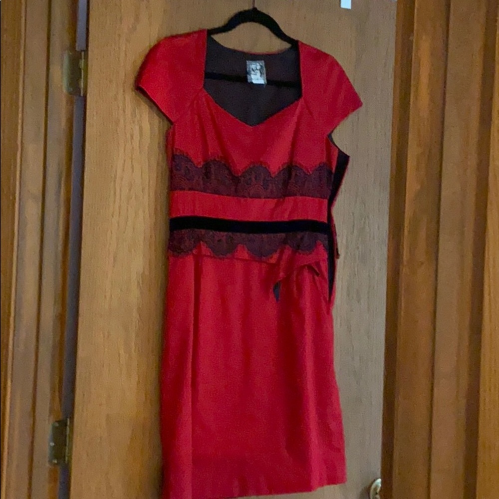Coco & Tashi Red dress black lace & velvet